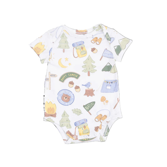 White baby onesie with camping theme print