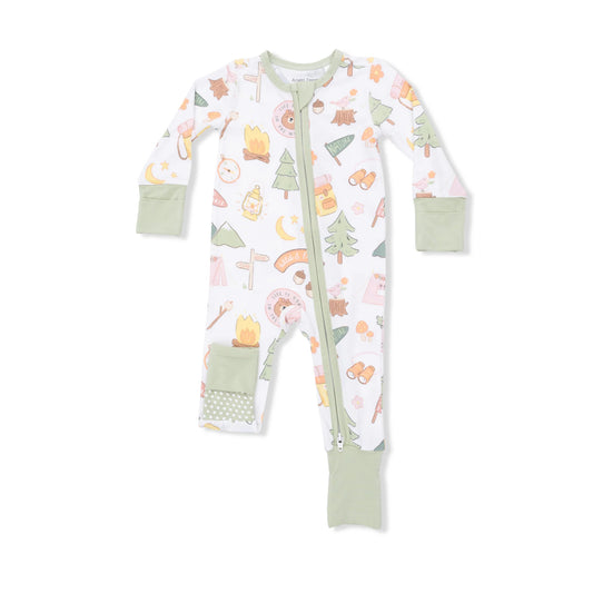 Baby footie with forest animal and camping pattern