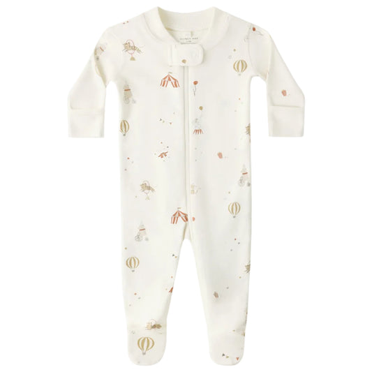 Baby zip footie with animal carnival print