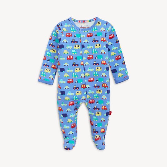 Baby onesie with car pattern on a white background