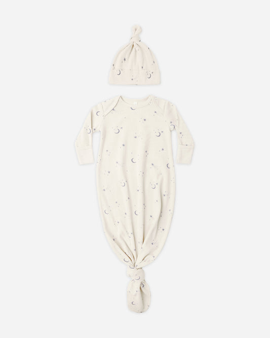 Celestial Gown + Hat flat lay - Quincy Mae organic cotton knotted baby gown and hat set, celestial print
