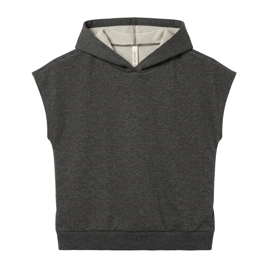 A dark gray heather cropped hooded sweatshirt with cap sleeves