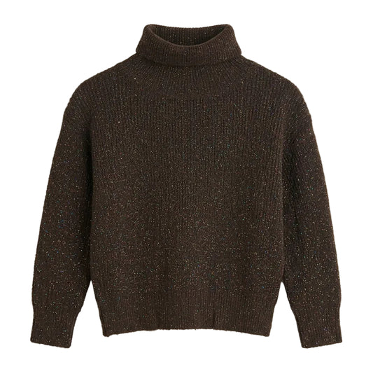 A dark brown ribbed knit turtleneck sweater.