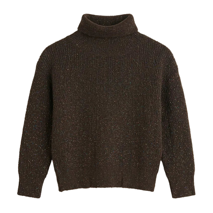 A dark brown ribbed knit turtleneck sweater.