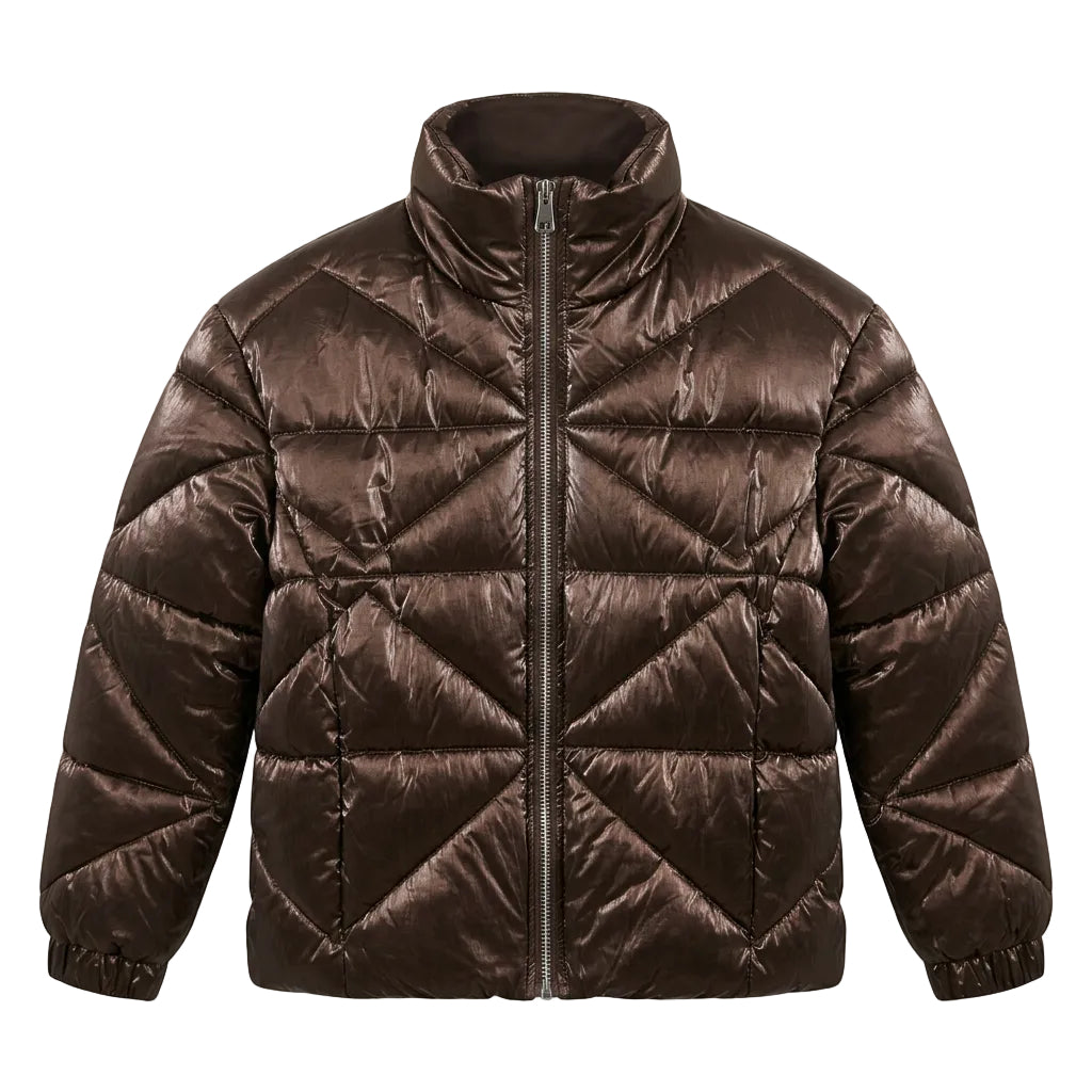 A shiny dark brown puffer jacket with a high collar and front zipper,