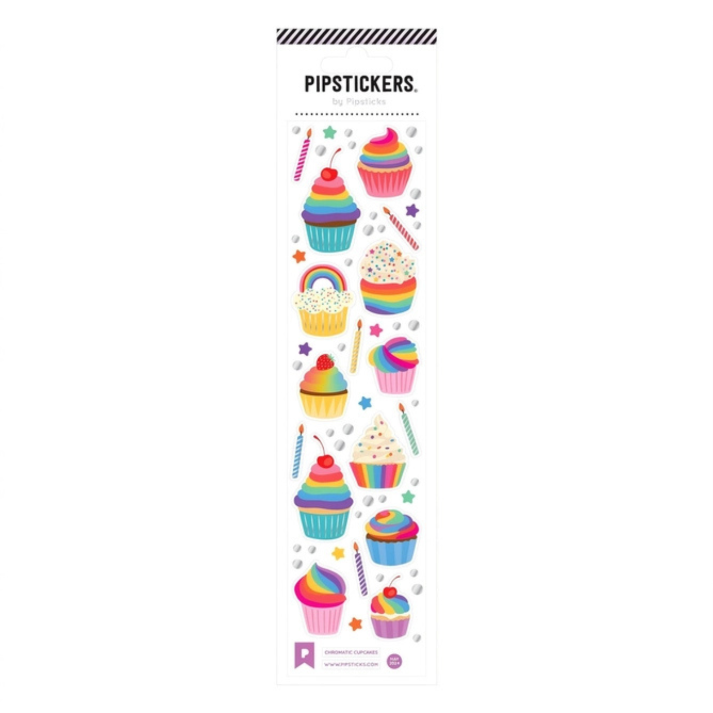 Rainbow cupcake stickers with colorful frosting and foil accents
