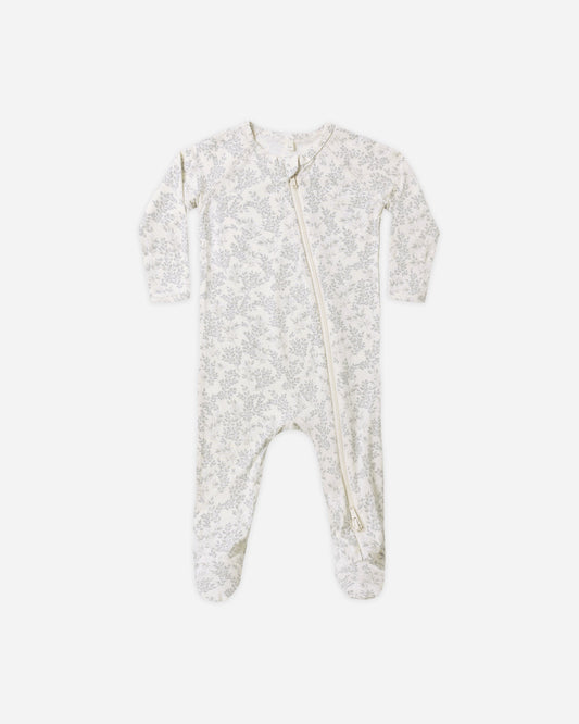 Cloud Floral Bamboo Zip Footie flat lay - Quincy Mae bamboo footie, cloud floral print