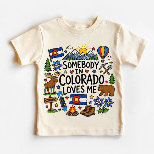 Children's t-shirt with Colorado-themed graphics and text on a white background
