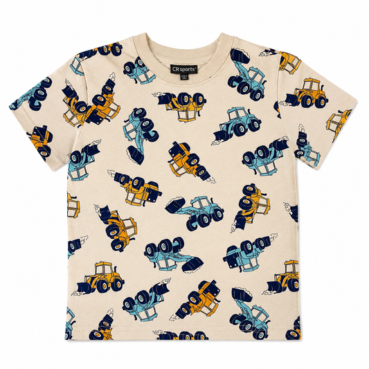 Beige t-shirt with blue and yellow tractor pattern on a white background