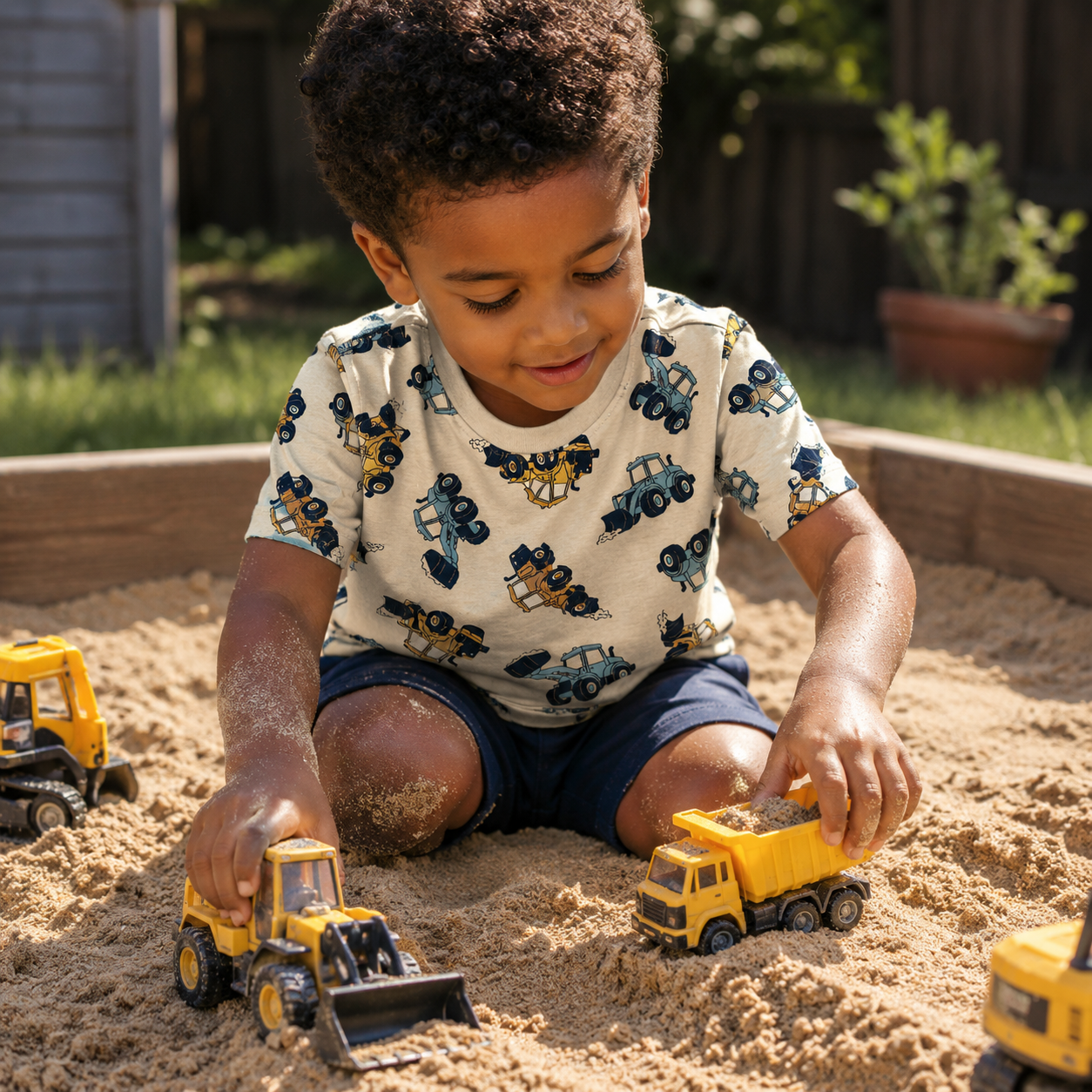 Child wearing a beige tshirt with blue and yellow tractor pattern, playing in sandbox