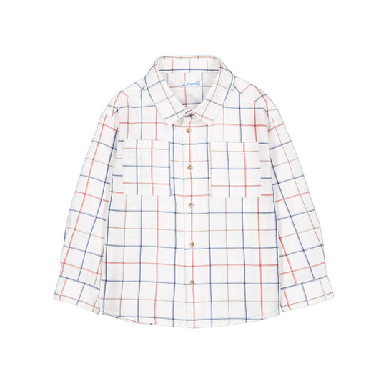 A children's long-sleeve button-up shirt with a white base and a fine red and blue windowpane plaid pattern, shown flat against a white background.