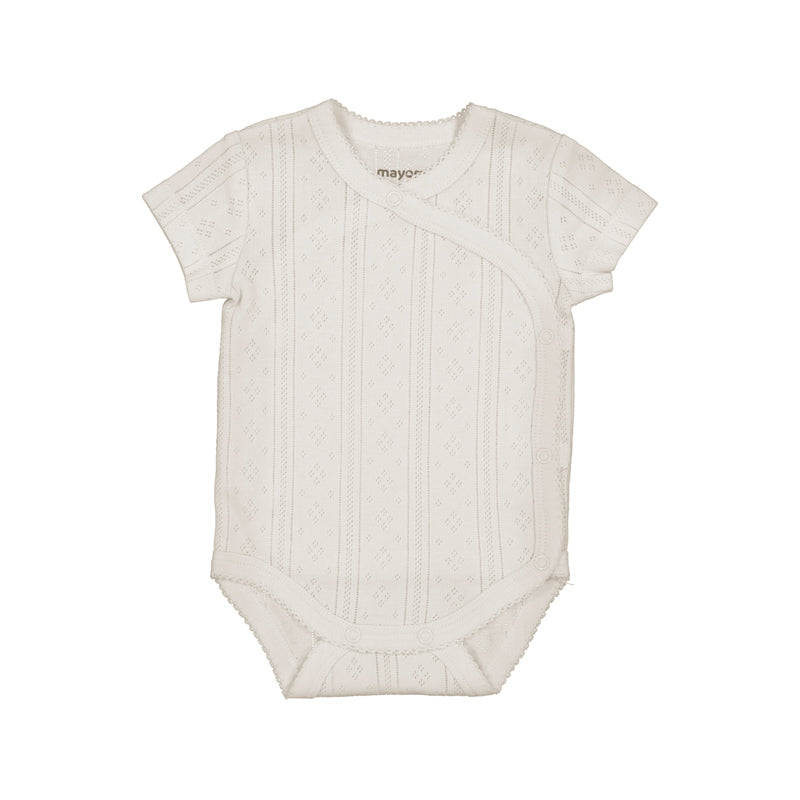 Cream baby bodysuit with 'mayoral' branding on a white background