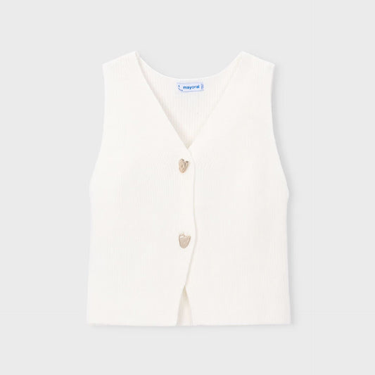 White sleeveless vest with button details on a light gray background