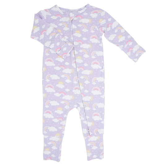 Baby onesie with rainbow and cloud pattern on a light purple background