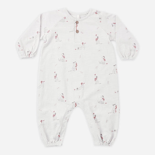 Rylee and Cru Dalmatian Henley Romper, a cotton baby romper with a dalmatian print