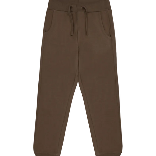 A pair of dark brown sweatpants with an elastic waistband, drawstring, and side pockets, shown against a plain white background.