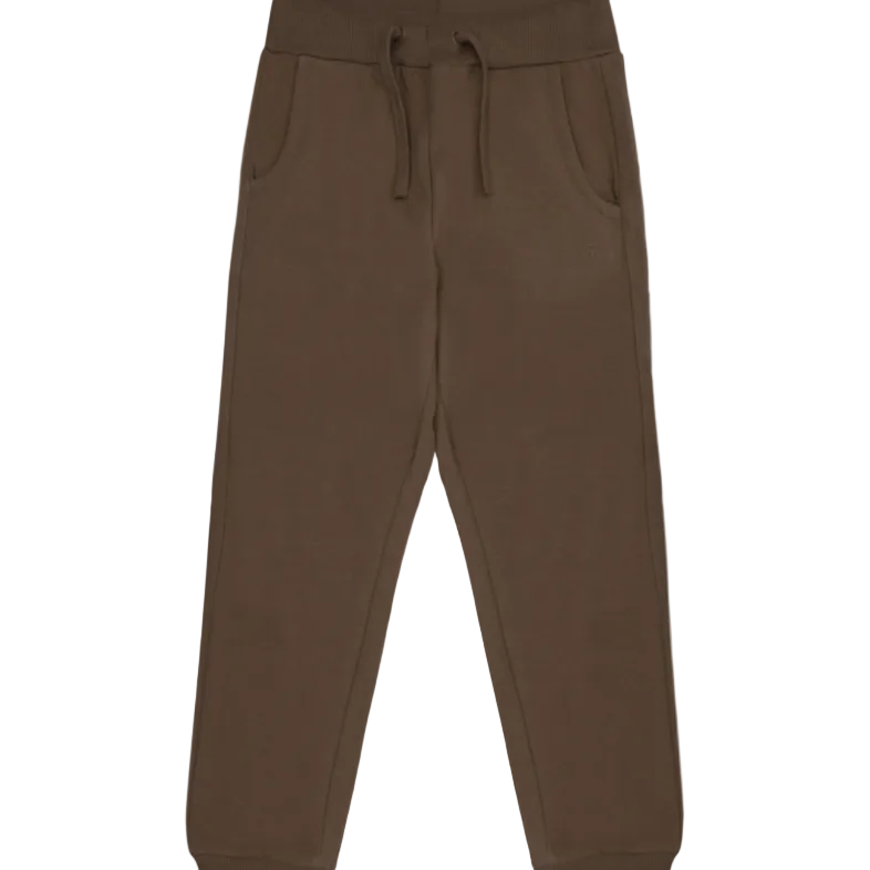 A pair of dark brown sweatpants with an elastic waistband, drawstring, and side pockets, shown against a plain white background.