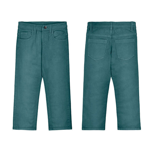 Front and back views of a pair of teal blue corduroy pants on a plain white background.