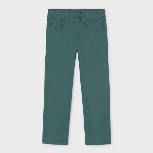 A pair of slim-fit jeans in a muted teal green color, shown flat against a light gray background.