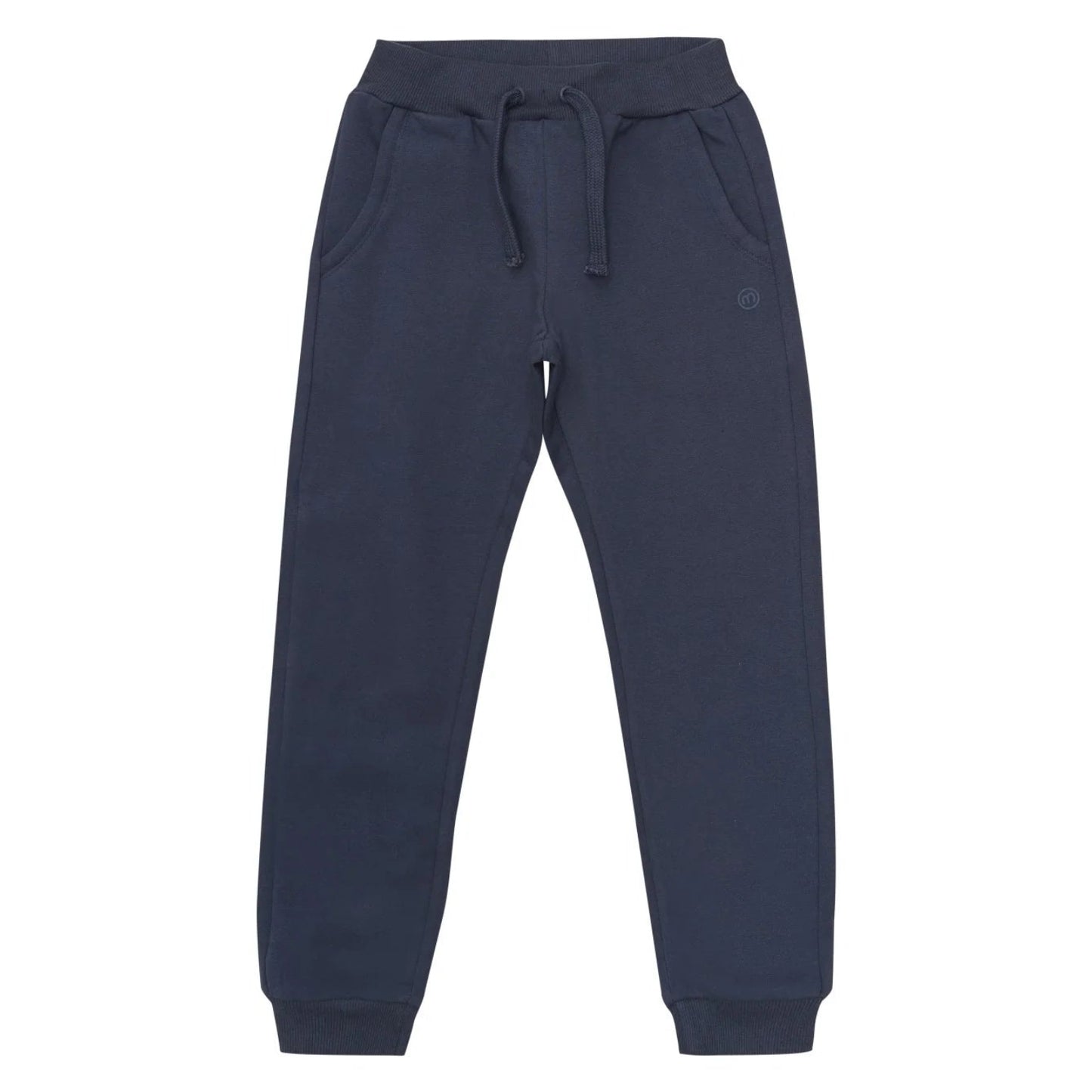 A pair of dark navy blue sweatpants with an elastic waistband, drawstring, side pockets, and ribbed ankle cuffs, shown against a plain white background.