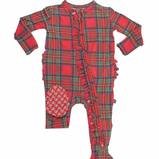 Red plaid baby onesie with heart pattern on a white background