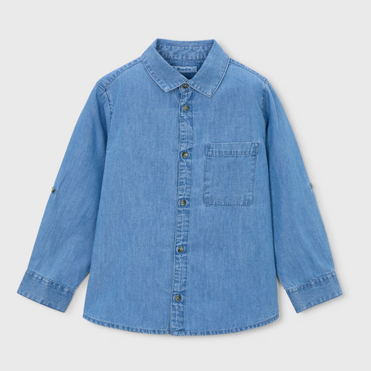 A denim long sleeve shirt with buttons