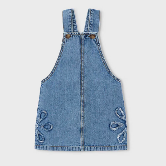 Blue denim pinafore dress with floral embroidery