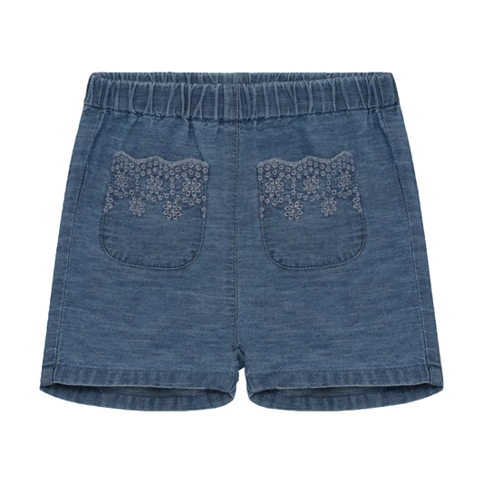 Blue denim shorts with lace detailing