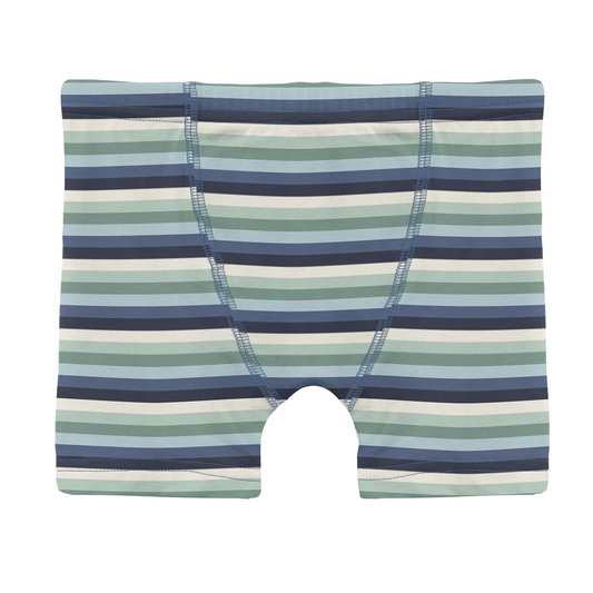 Striped boxer briefs with blue and green horizontal stripes on a white background