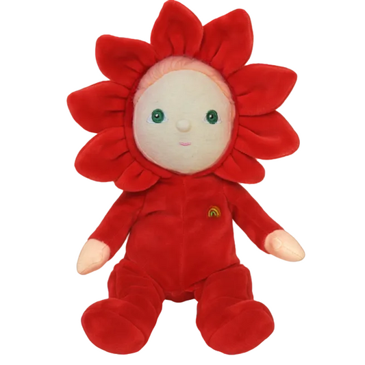 Red plush doll with a flower-like design