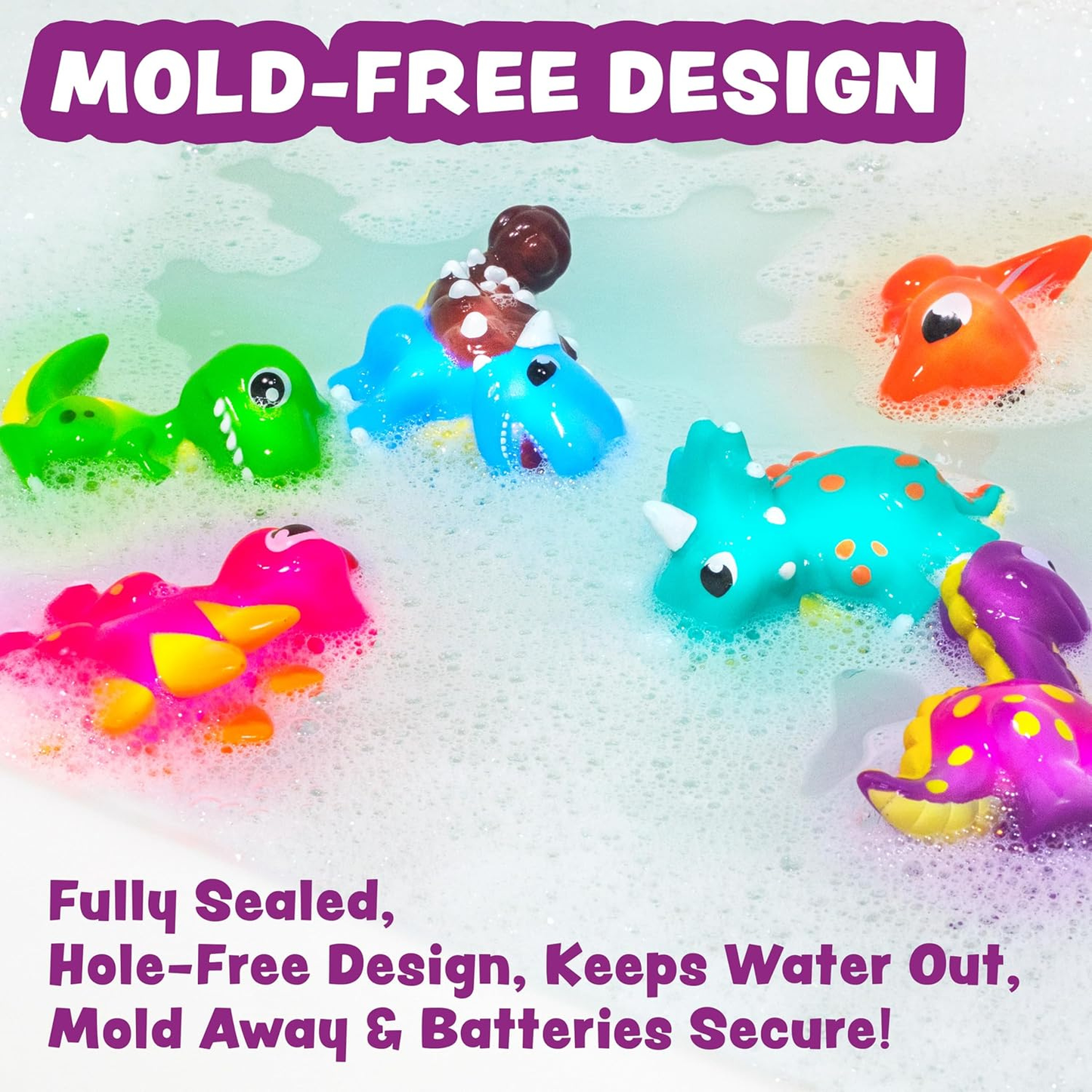 Six colorful light-up dinosaur bath toys on white background.