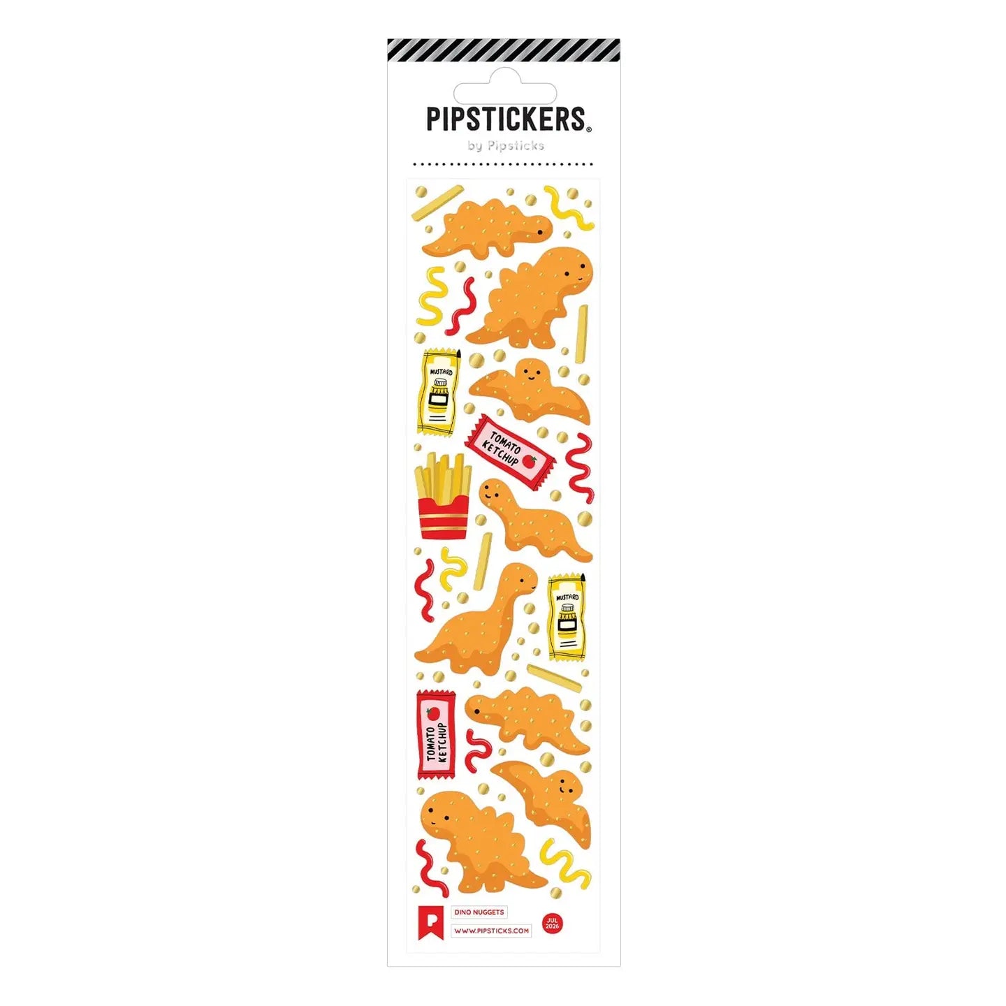 A tall, narrow package of PIPSTICKERS by CANDLEPUP.COM featuring cartoon dinosaur illustrations, ketchup bottles, french fries, and wavy red and yellow lines on a white background.