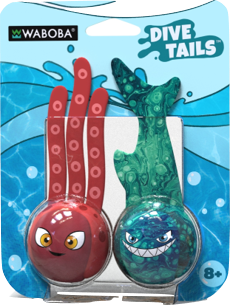 Two Waboba Dive Tails toys in packaging with blue water design