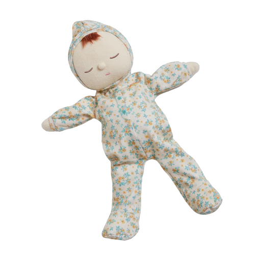 Sleeping Dozy Dinkum Pickle Blossom doll with green and orange floral print