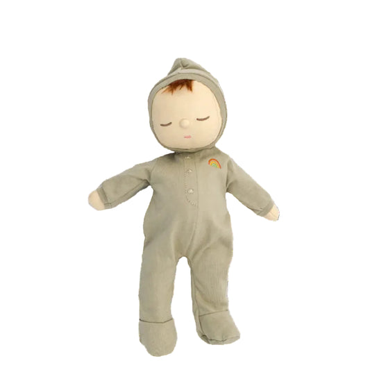 Baby doll in a beige onesie with a hood on a white background