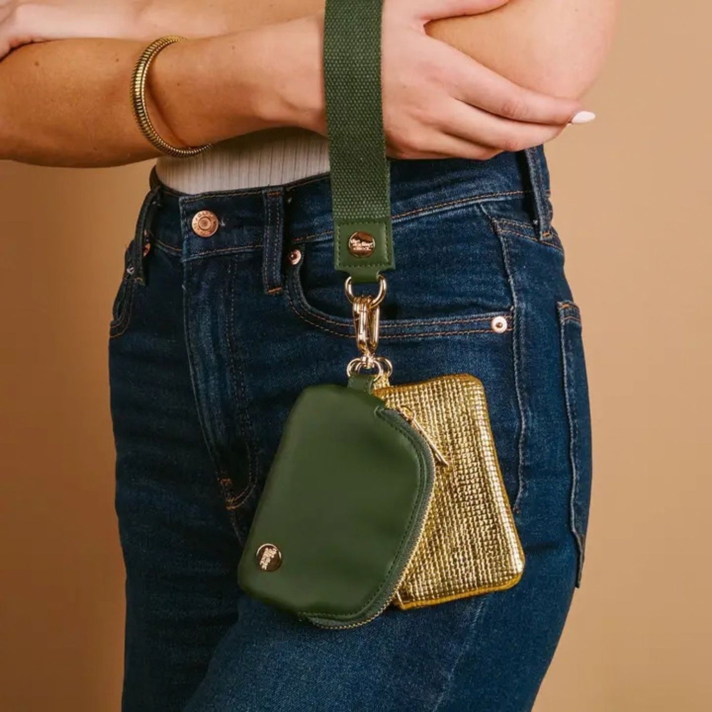 Evergreen Gold Luxe Wristlet With Double Pouches