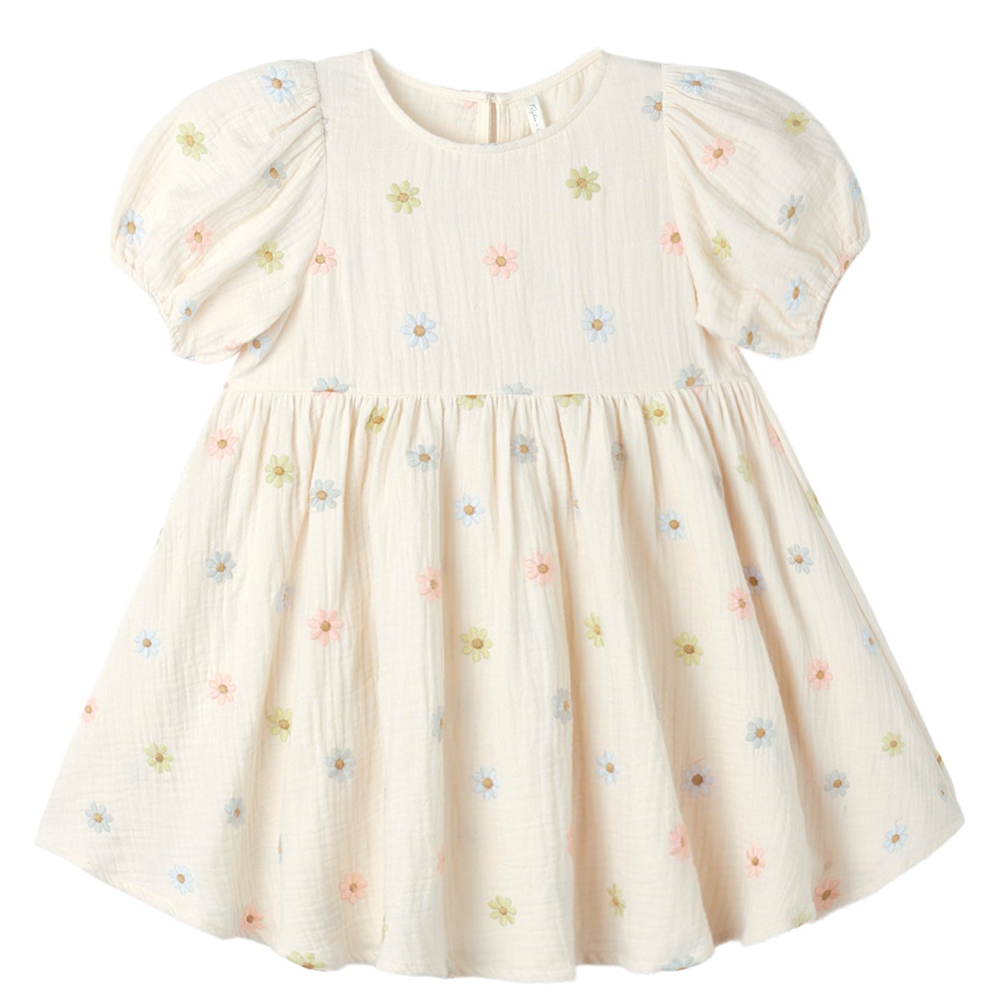 White dress with colorful embroidered daisy patterns