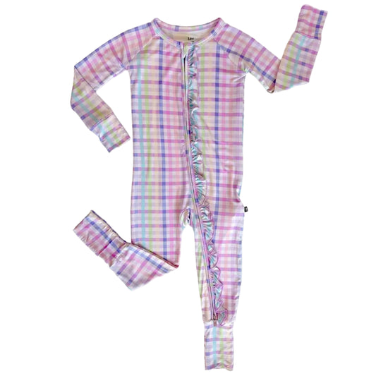 Pink and purple checkered convertible romper with ruffle details