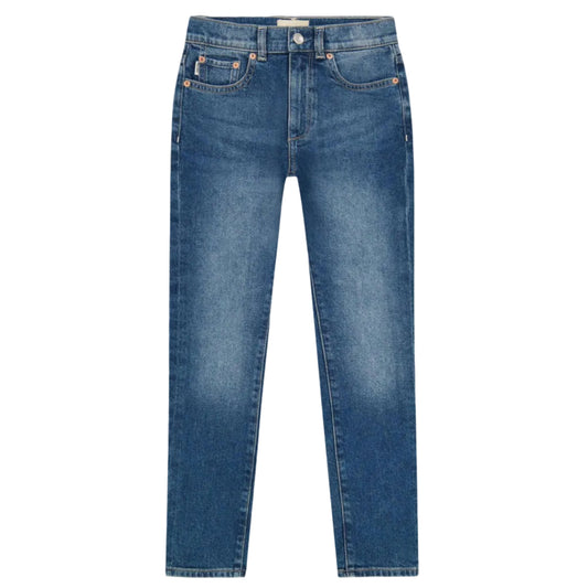 Blue jeans on a light gray background