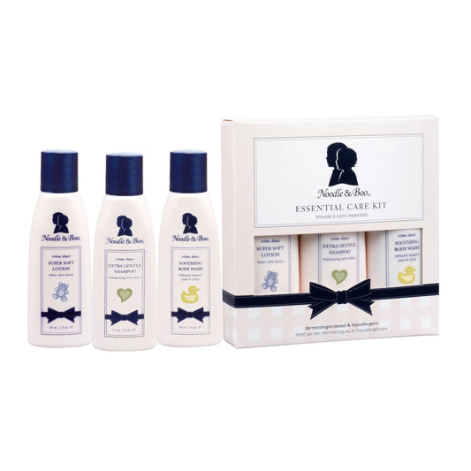 Noodle & Boo essential care kit with bottles and packaging on a white background