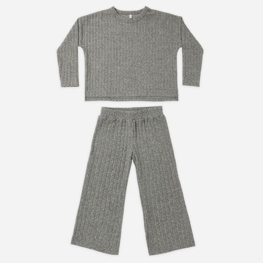 Rylee and Cru Evergreen Cozy Rib Knit Set, a deep green tee and wide leg pant set