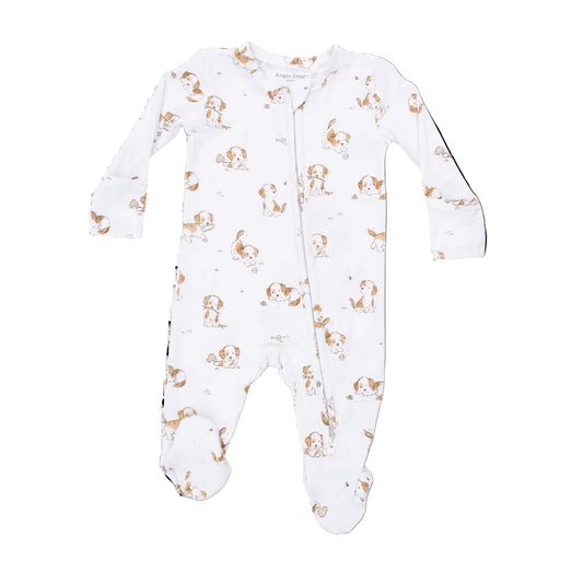 Baby white zip footie with brown dog pattern