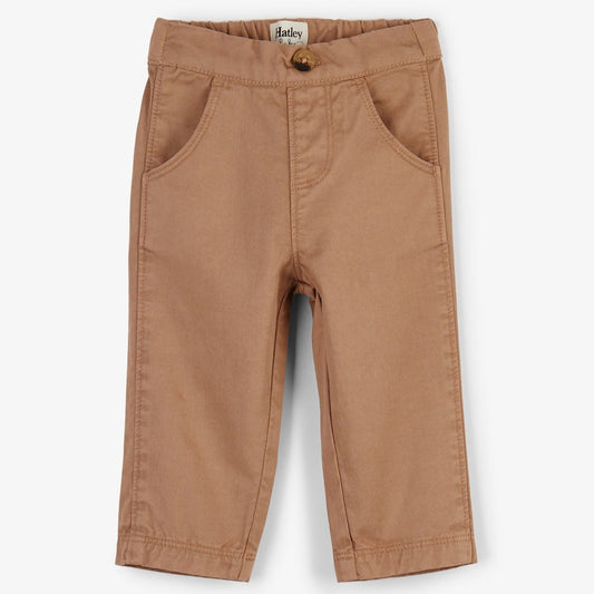 Khaki twill pants for baby boys with a front view showcasing the design and color.