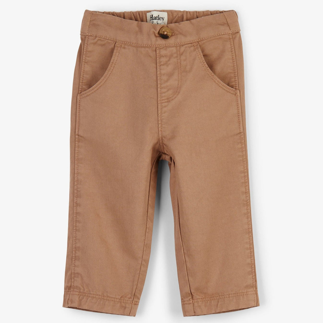 Khaki twill pants for baby boys with a front view showcasing the design and color.