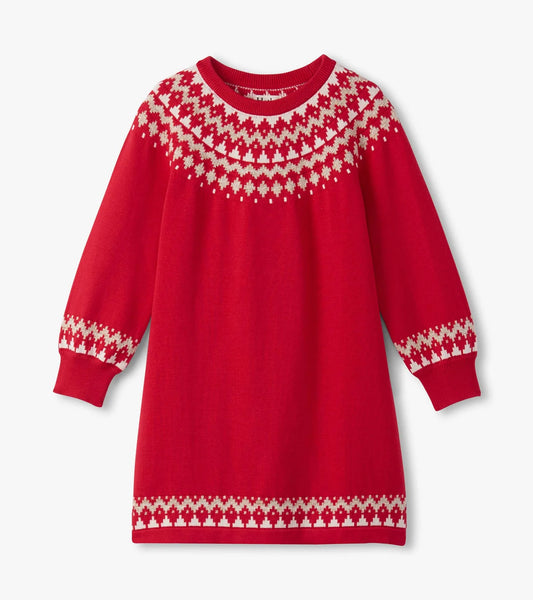 Red Fair Isle Swing Sweater Dress