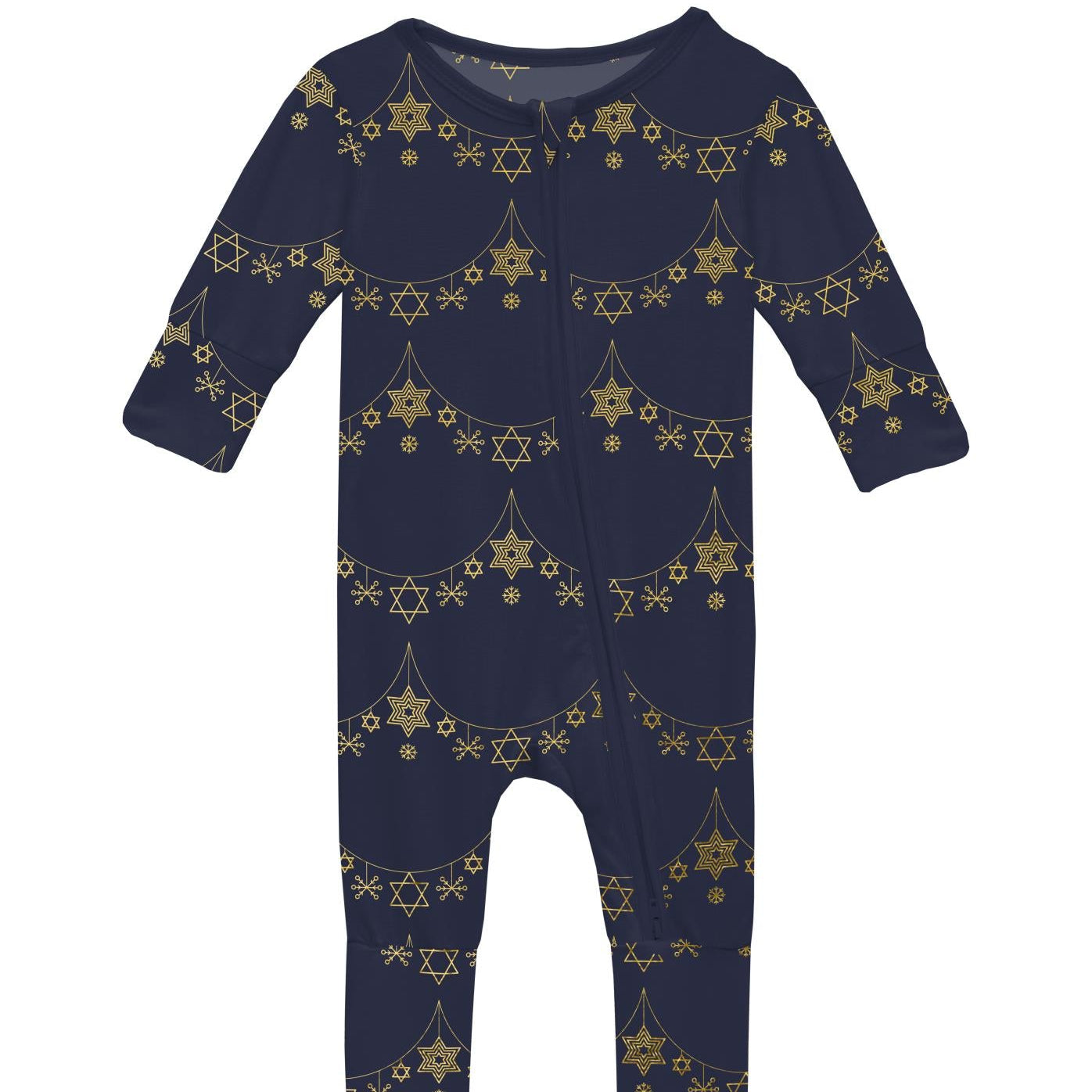 A navy blue baby romper with a Christmas garland pattern and a zipper front closure.