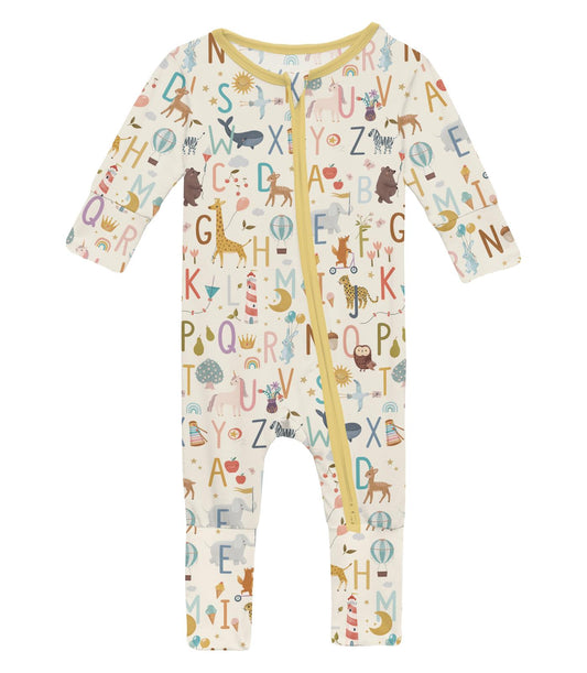 A multicolored baby romper with animal and alphabet print, featuring a zipper front closure.