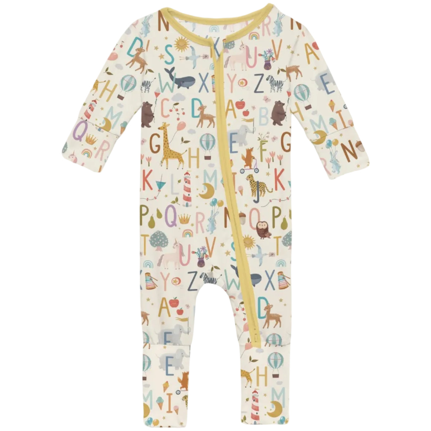 A multicolored baby romper with animal and alphabet print, featuring a zipper front closure.