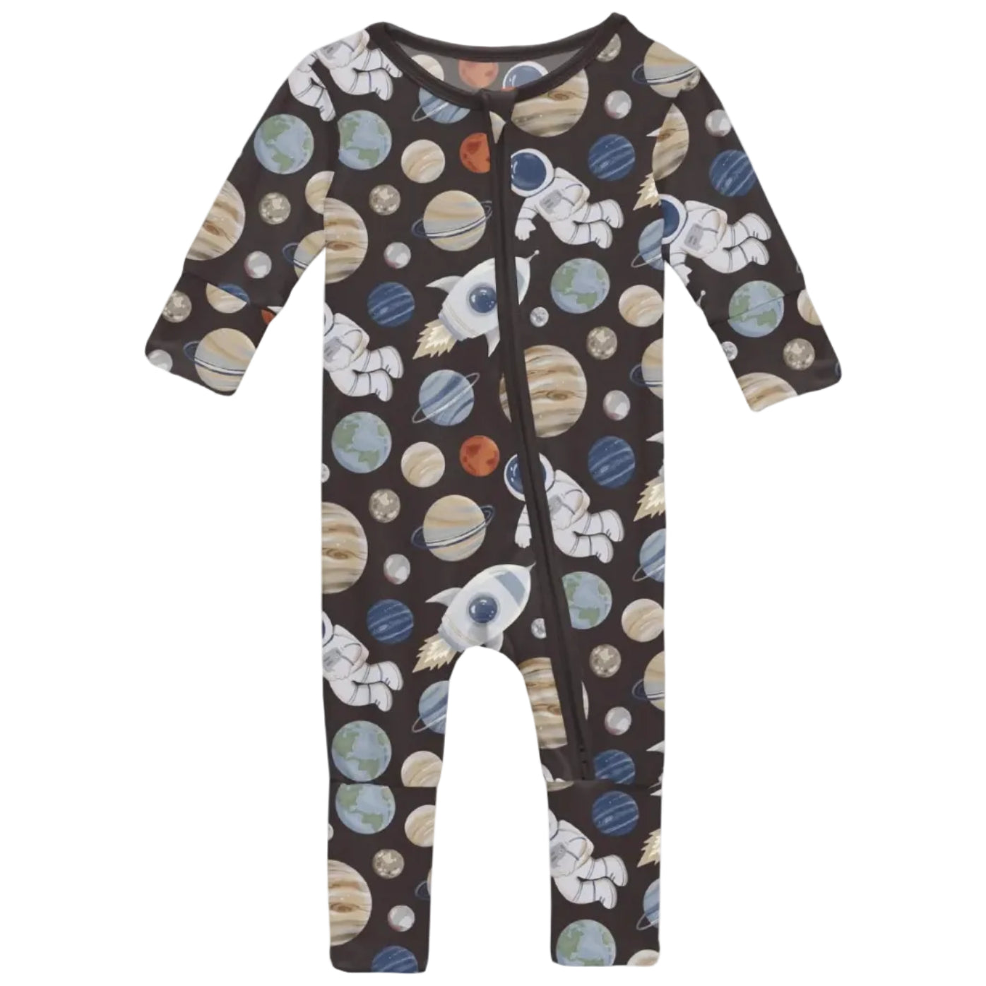 A romper with a space theme, featuring illustrations of planets, an astronaut, and a rocket, on a dark background with a zipper front.