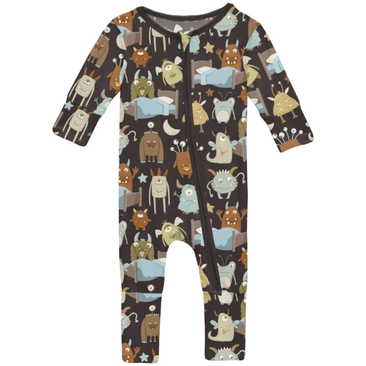 A long-sleeved romper with a pattern of various cartoonish monster characters.